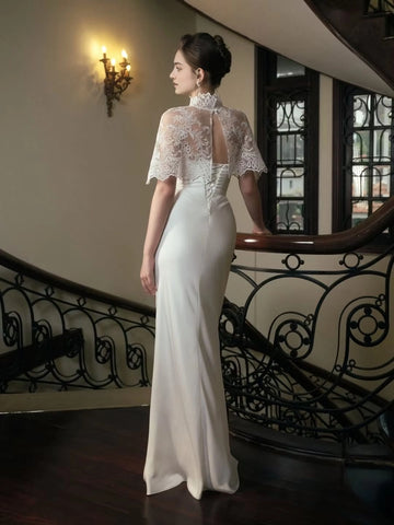 Back view ivory wedding guest dress with lace cape keyhole and lace-up closure