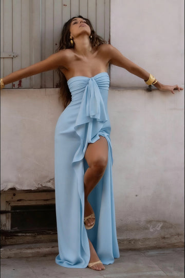 Chic Sheath Strapless Sleeveless Draped Front Floor Length Prom Dress