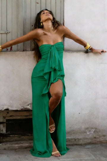 Chic Sheath Strapless Sleeveless Draped Front Floor Length Prom Dress
