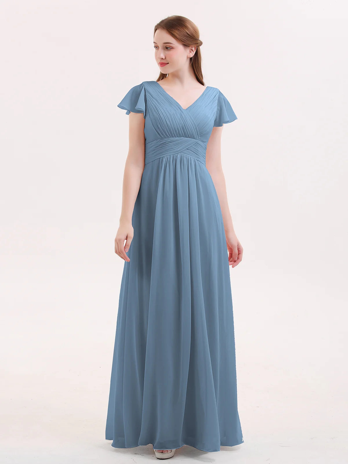 V-Neck Flutter Short Sleeve Ruched Chiffon Bridesmaid Maxi Dress with Back Zipper