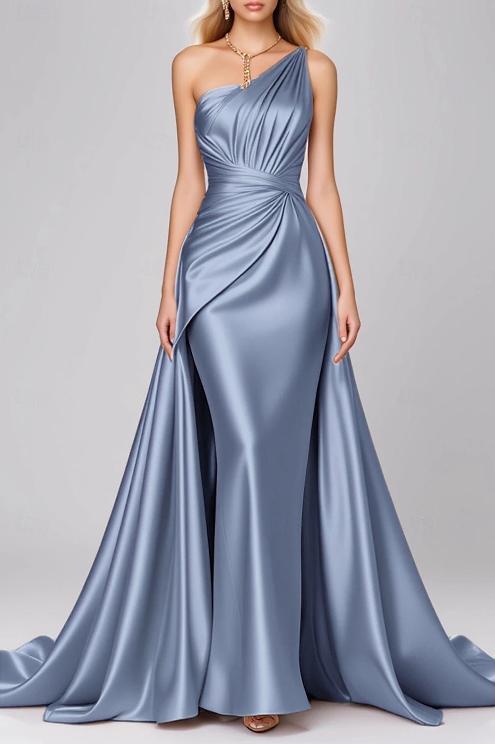 Vestido de noche de gala maxi de satén con cola, drapeado fruncido asimétrico de un hombro tipo sirena