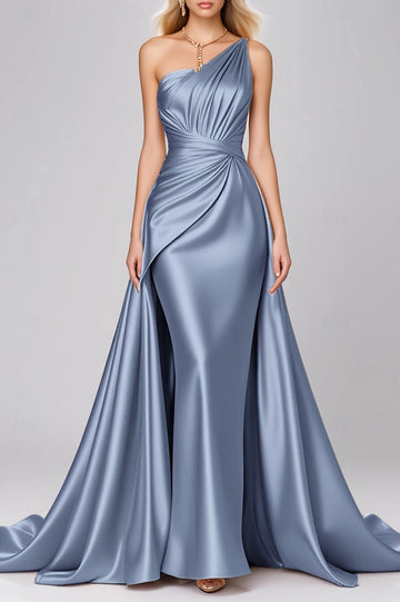 One Shoulder Draped Ruched Overlay Train Satin Mermaid Formal Evening Gala Maxi Dress
