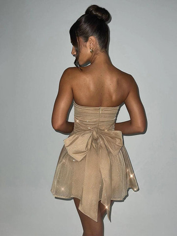 Minivestido sin tirantes con lentejuelas brillantes y lazo en la espalda, dobladillo asimétrico, vestido de fiesta con silueta en A para regreso a casa