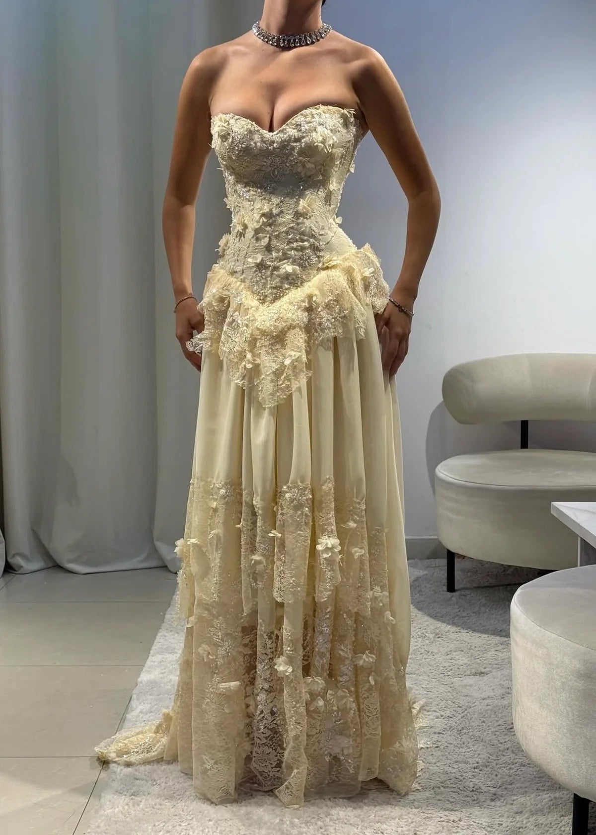 Gorgeous Lace Sweetheart Strapless Corset A-Line Floor Length Beaded Evening Dress