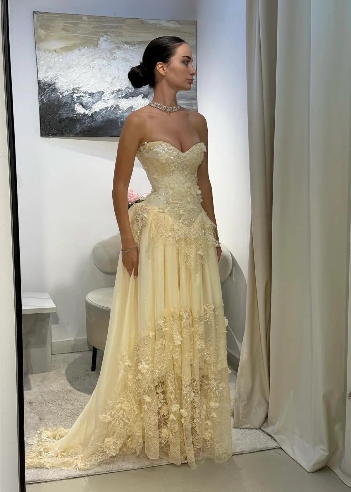 Gorgeous Lace Sweetheart Strapless Corset A-Line Floor Length Beaded Evening Dress