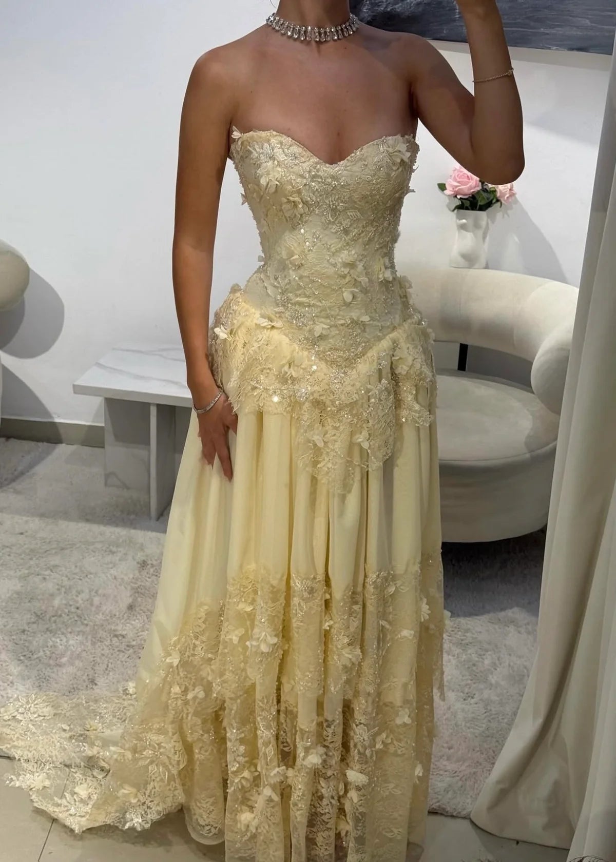 Gorgeous Lace Sweetheart Strapless Corset A-Line Floor Length Beaded Evening Dress
