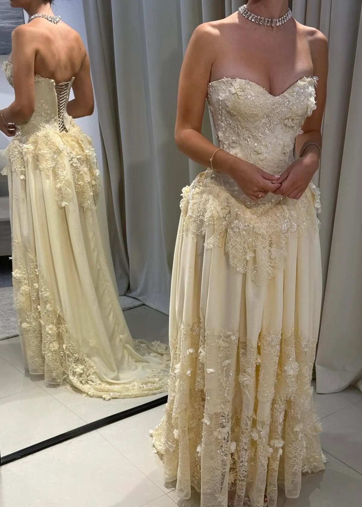 Gorgeous Lace Sweetheart Strapless Corset A-Line Floor Length Beaded Evening Dress