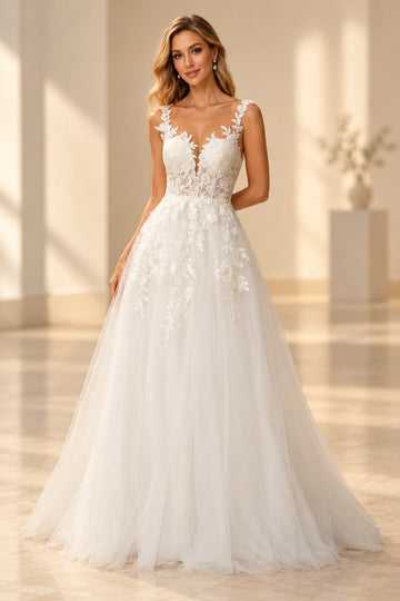 Vedress A-line tulle wedding dress with floral lace appliques, a plunging V-neckline, sleeveless straps and a floor-length skirt, front view.