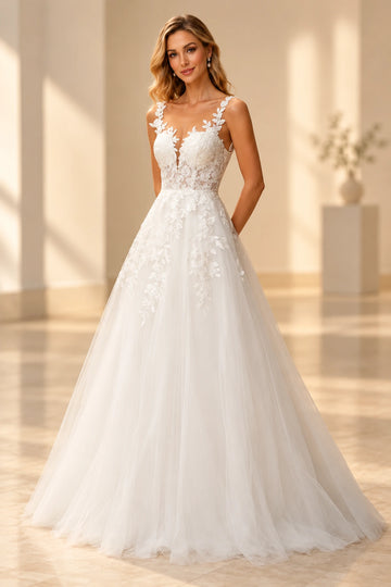 Romantic Lace Tulle A-Line V-Neck Sleeveless V-Back Floor-Length Wedding Dress