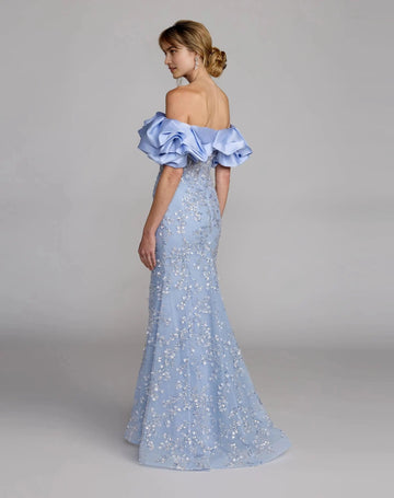 Lavender embellished mermaid evening dress with off shoulder ruffles and floor length skirt back view