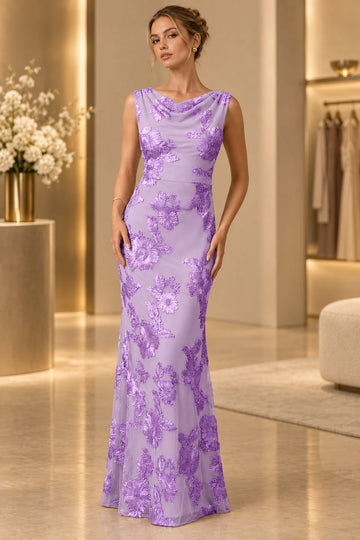 Lavender mermaid evening dress with a draped cowl neckline, sleeveless design, floral embroidered mesh, and floor-length fitted silhouette by Vedress.
