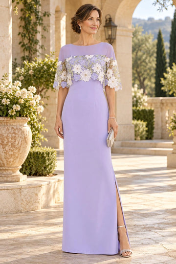Lavender column mother of the bride dress featuring a round illusion neckline, white floral appliqué cape sleeves and floor-length skirt with side slit, front view.