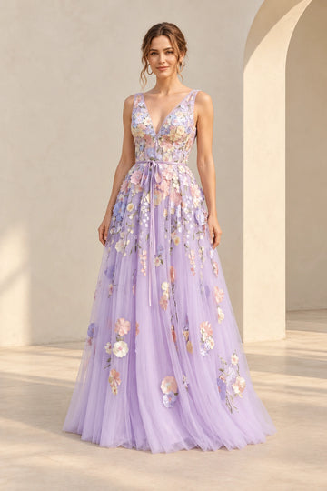 Front view of a Vedress lavender floral tulle wedding guest dress with a plunging V-neck, sleeveless bodice, bow waist tie and floor-length A-line skirt.