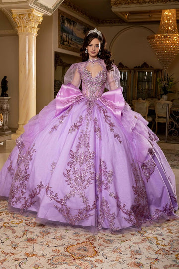 Lavender Quinceañera ball gown with high neckline, long puff sleeves and embroidered glitter skirt by Vedress