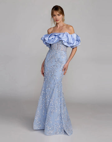Lavender off shoulder mermaid evening dress with ruffle neckline and sparkling embellishments front view
