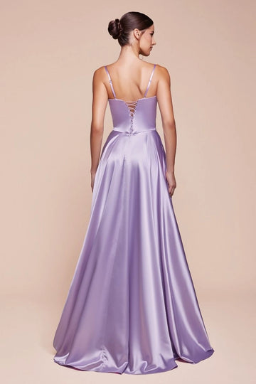 Back view of lavender satin-look bridesmaid dress featuring thin spaghetti straps, adjustable lace-up corset back, fitted waist, and flowing A-line skirt.