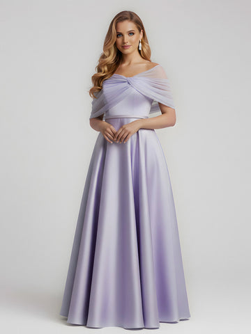 Lavender satin A-line bridesmaid dress with off shoulder sheer draped sleeves and floor length skirt front view