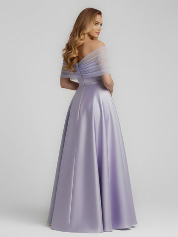 Romantic Lavender Satin A-Line Off-Shoulder Draped-Sleeve Zipper-Back Floor-Length Bridesmaid Dress