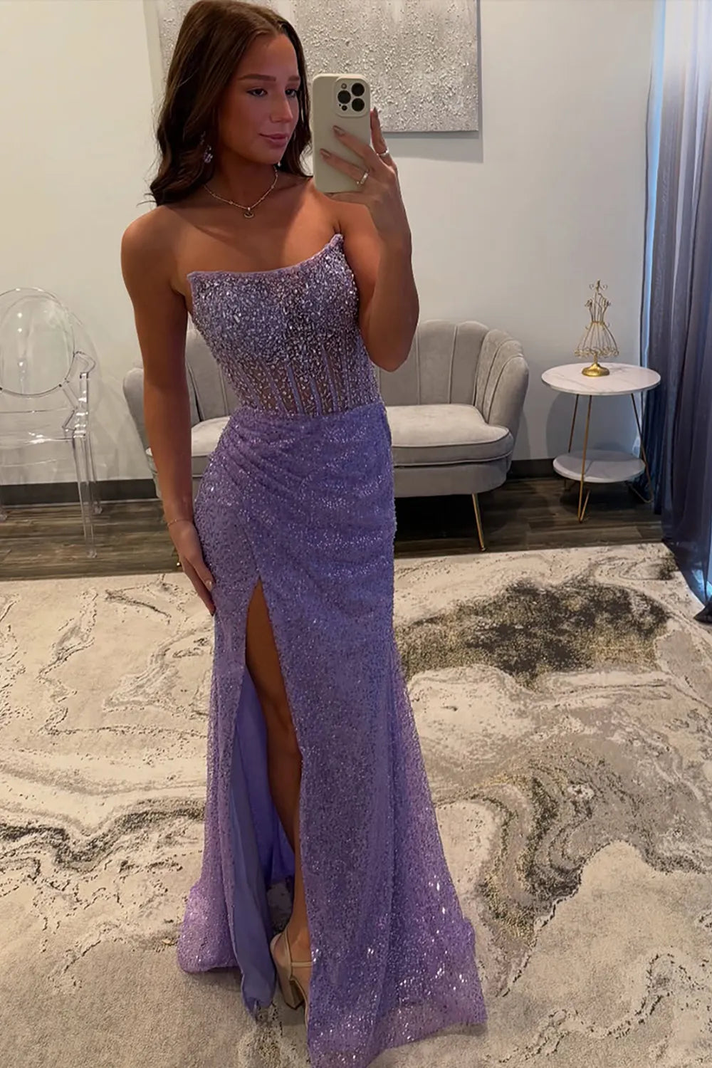 Vestido largo de fiesta sin tirantes con lentejuelas para mujer, corte sirena con malla transparente y abertura alta