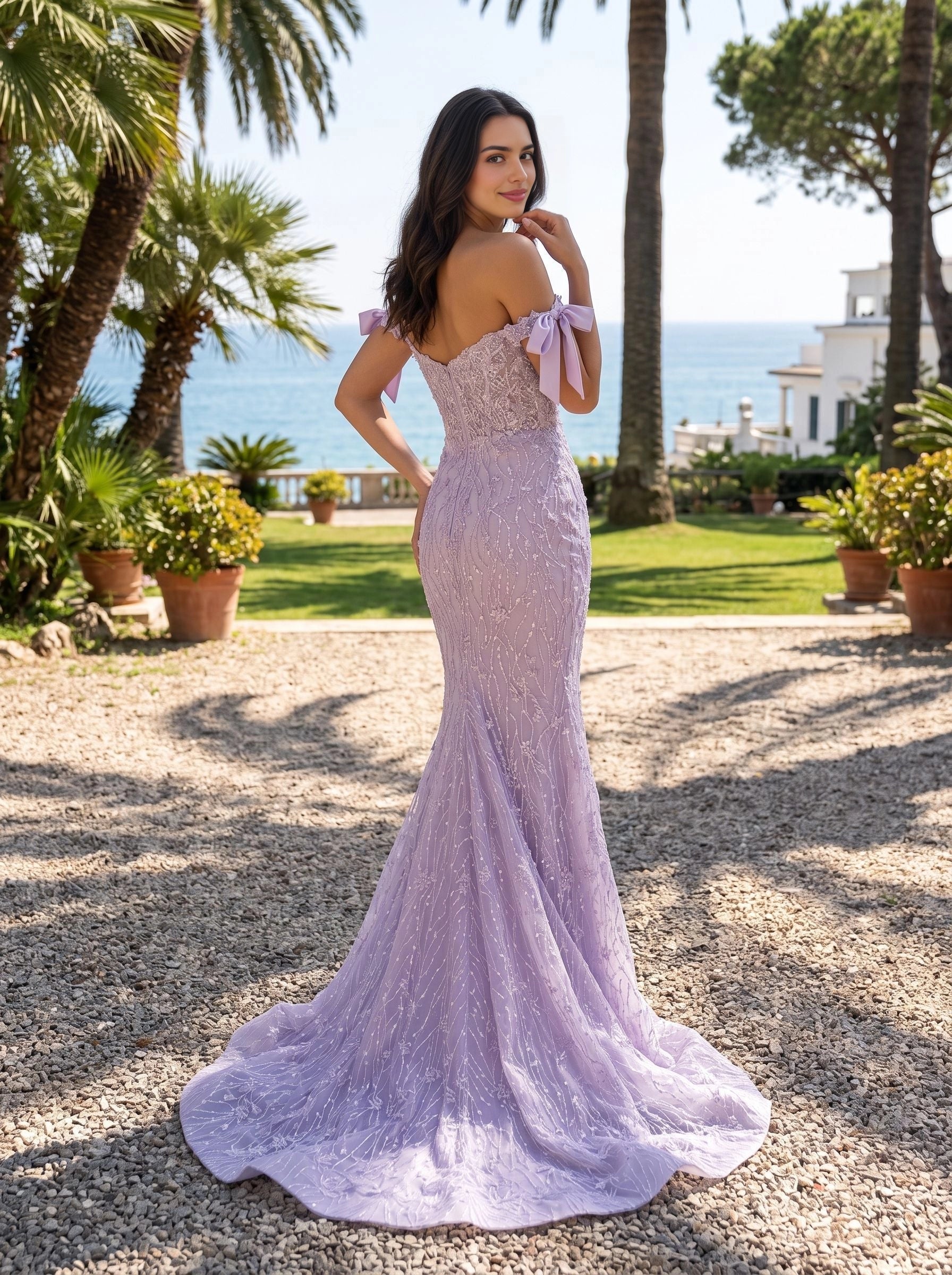 Lavender floor‑length mermaid wedding guest dress off‑the‑shoulder neckline satin bow straps all‑over floral lace embroidery low open back sweep train formal evening gown by Vedress
