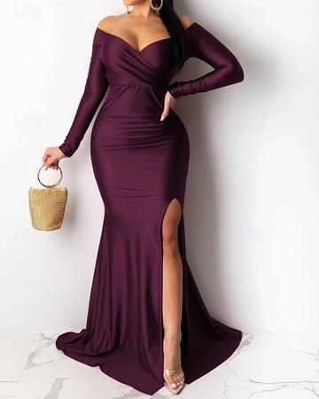 Vedress emerald green satin off shoulder long sleeve high slit mermaid train prom dress front view