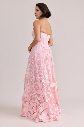 Elegant A-Line Strapless Sweetheart Satin Corset 3D Floral Tulle Long Prom Gown