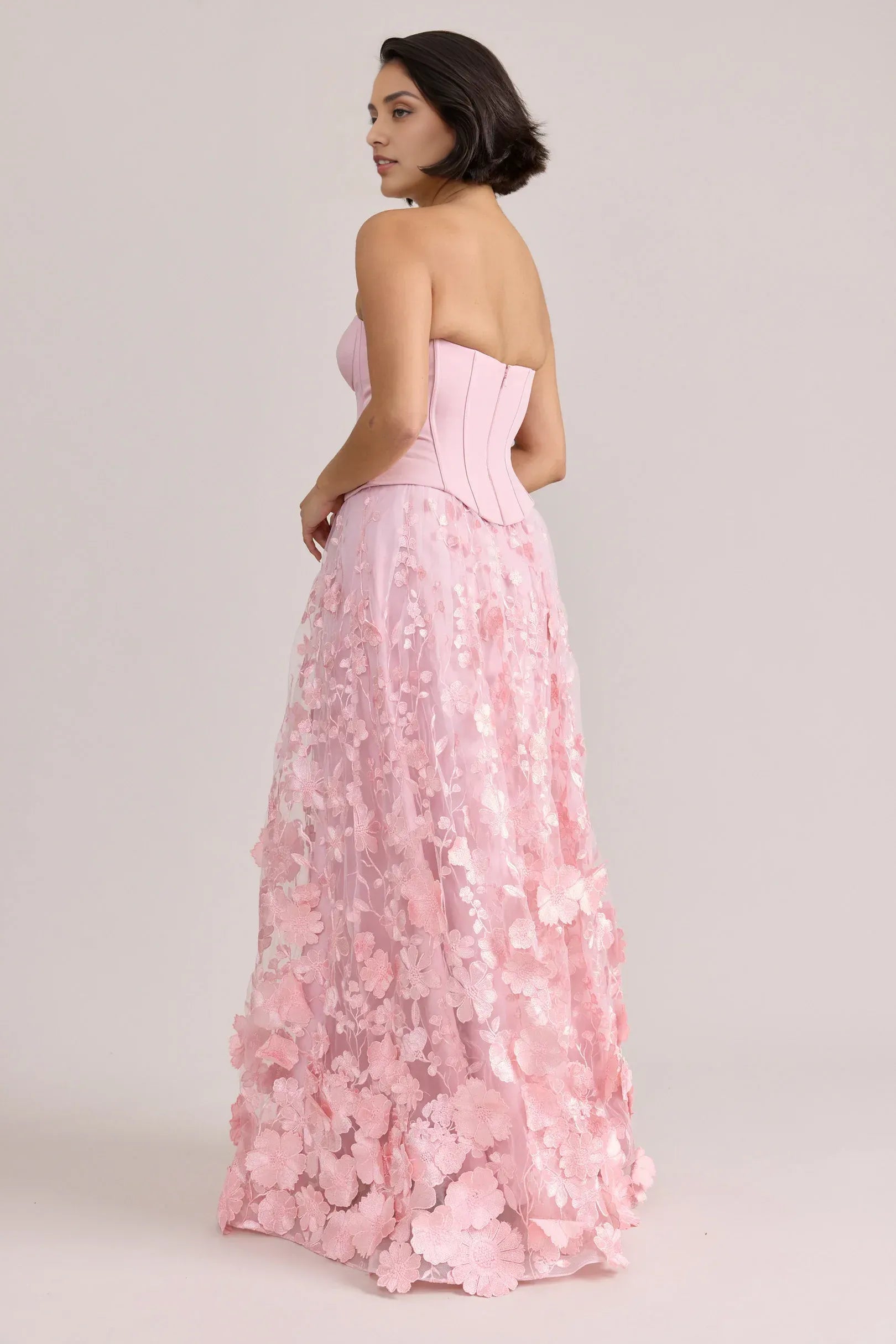Elegant A-Line Strapless Sweetheart Satin Corset 3D Floral Tulle Long Prom Gown