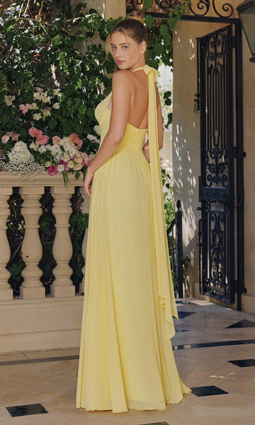 Lemon yellow open-back bridesmaid dress with halter tie detail and floor-length skirt