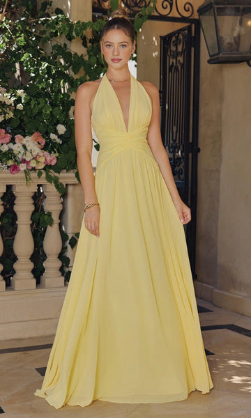 Lemon yellow halter floor-length bridesmaid dress with ruched waist and flowing A-line skirt