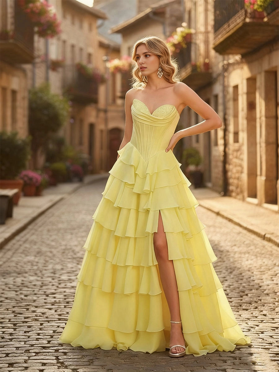 Roselle Dress butter yellow chiffon prom gown strapless sweetheart corset tiered ruffle skirt front slit front view
