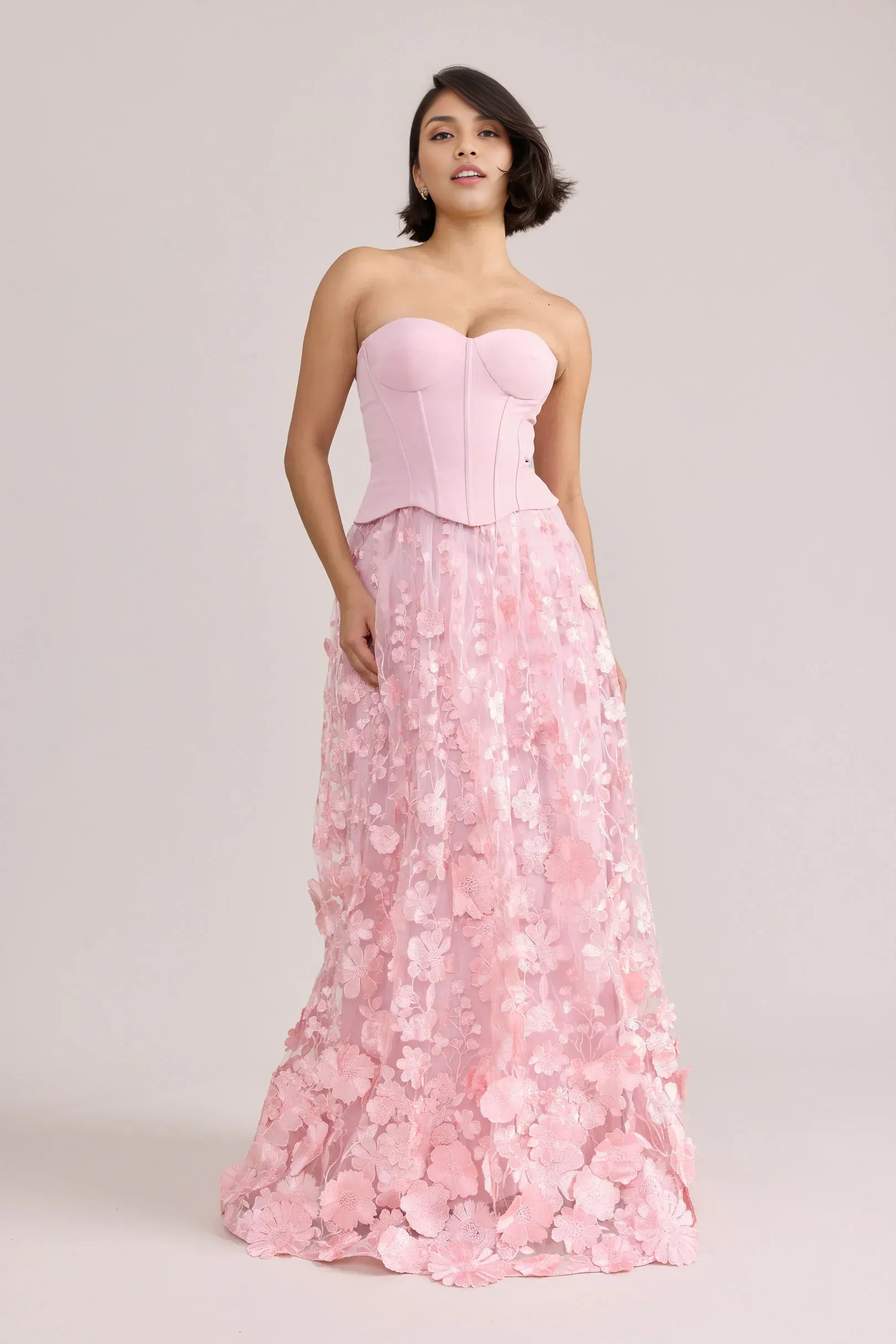 Elegant A-Line Strapless Sweetheart Satin Corset 3D Floral Tulle Long Prom Gown