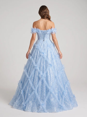 Light blue floral prom dress with lace up corset back and full sparkling ball gown skirt by Vedress