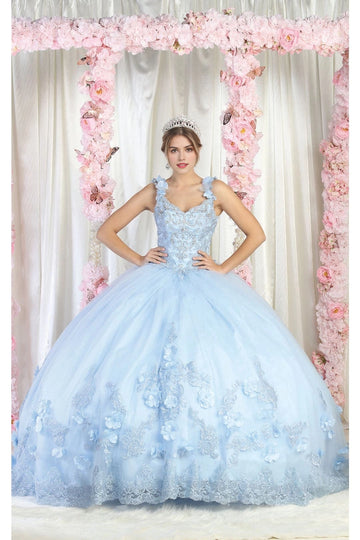Light blue floral Quinceañera ball gown with sweetheart neckline and ruffle straps