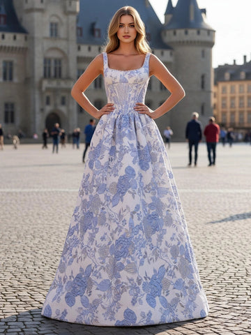 Light blue floral square neck A-line prom dress with fitted bodice and floor length skirt front view