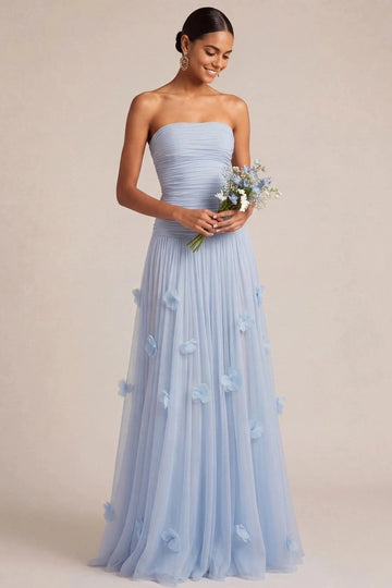 Dreamy A Line Straight Neck Strapless Zipper Back Floral Bridesmaid Dress