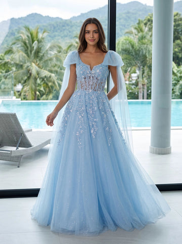 Light blue floor‑length A‑line prom dress sweetheart neckline sheer lace corset bodice detachable flowing tulle cape sleeves sparkling glitter tulle skirt formal evening gown by Vedress