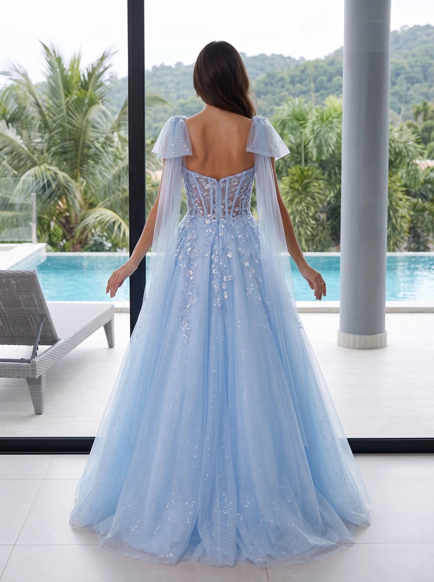 Light blue floor‑length A‑line prom dress sweetheart neckline sheer lace corset bodice detachable flowing tulle cape sleeves sparkling glitter tulle skirt formal evening gown by Vedress