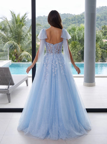 Light blue floor‑length A‑line prom dress sweetheart neckline sheer lace corset bodice detachable flowing tulle cape sleeves sparkling glitter tulle skirt formal evening gown by Vedress