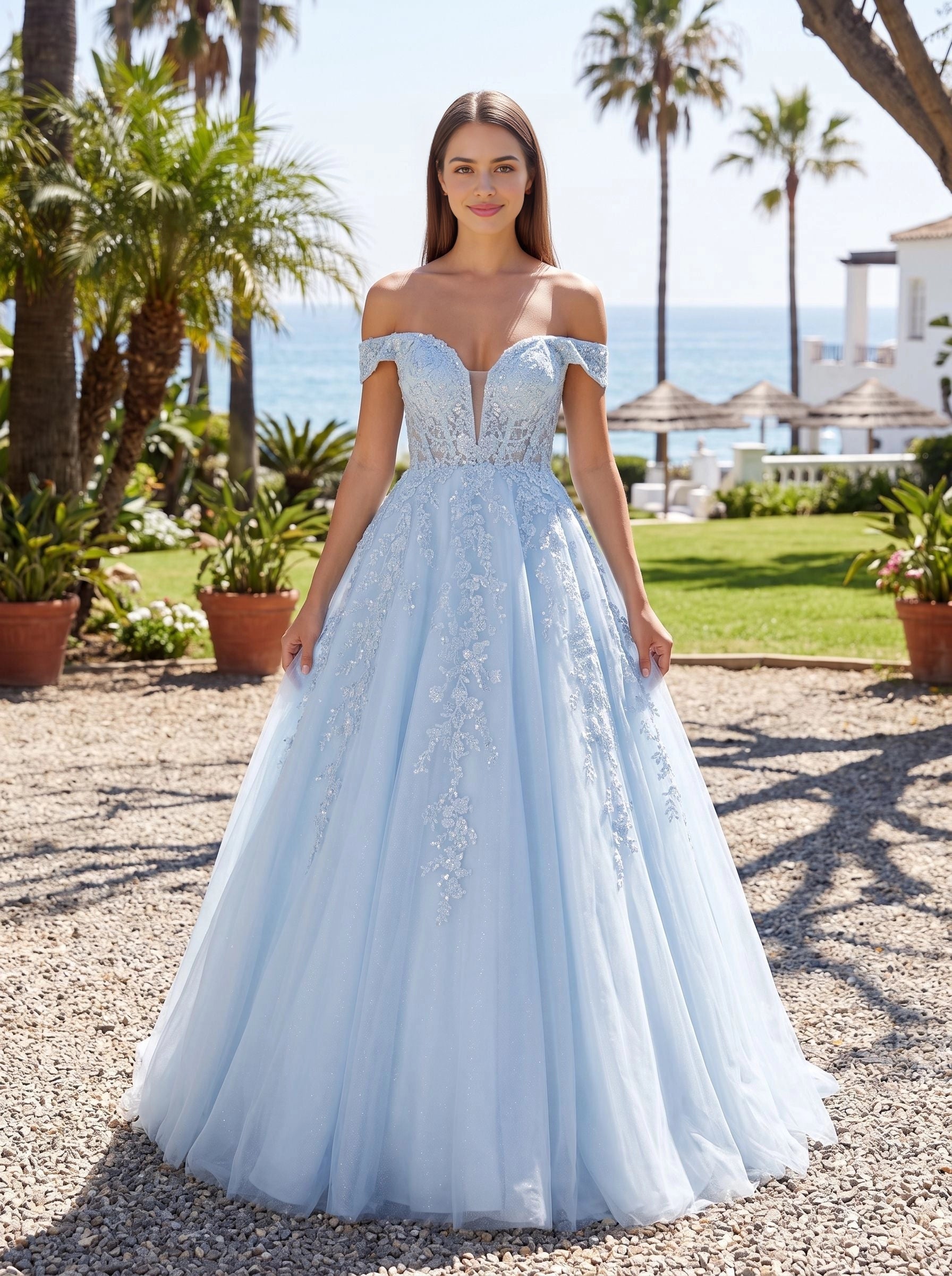 Light blue ball gown long prom dress off‑the‑shoulder neckline sparkling floral lace appliqués glitter tulle voluminous skirt lace‑up corset‑back formal evening gown by Vedress