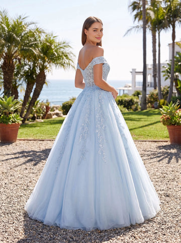 Light blue ball gown long prom dress off‑the‑shoulder neckline sparkling floral lace appliqués glitter tulle voluminous skirt lace‑up corset‑back formal evening gown by Vedress