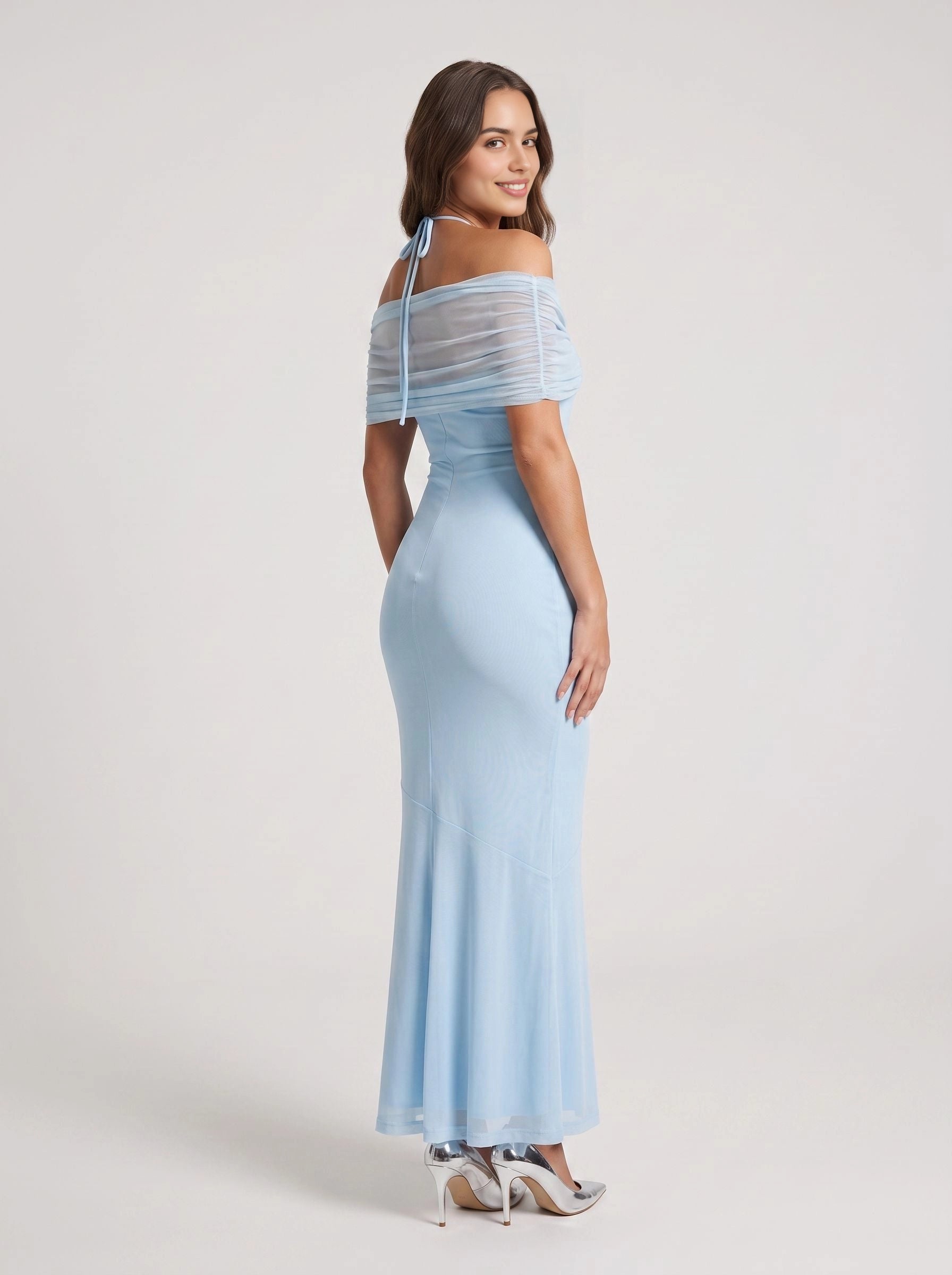 Light blue mermaid floor‑length wedding guest dress off‑the‑shoulder ruched mesh short sleeve halter tie‑back stretch formal gown by Vedress
