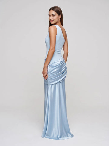 Light‑blue mermaid long bridesmaid dress with one‑shoulder neckline ruched draped waist satin fabric open‑back from Vedress