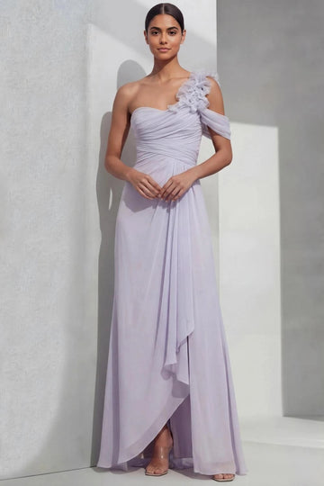 Lilac A-line prom dress with floral ruffle one-shoulder neckline, ruched bodice, asymmetrical draped skirt, front slit, and floor-length hem by Vedress.