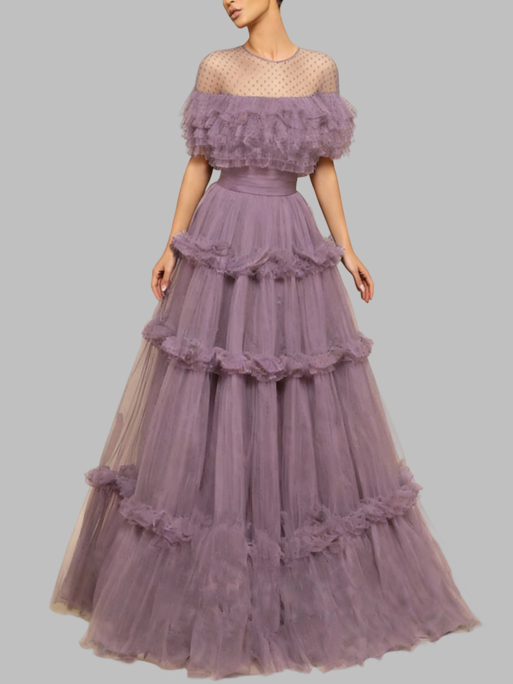 Vestidos de Fiesta de Princesa con Línea A Elegantes de Manga Corta Cuello Joya de Tul Formal con Pliegues y Volantes