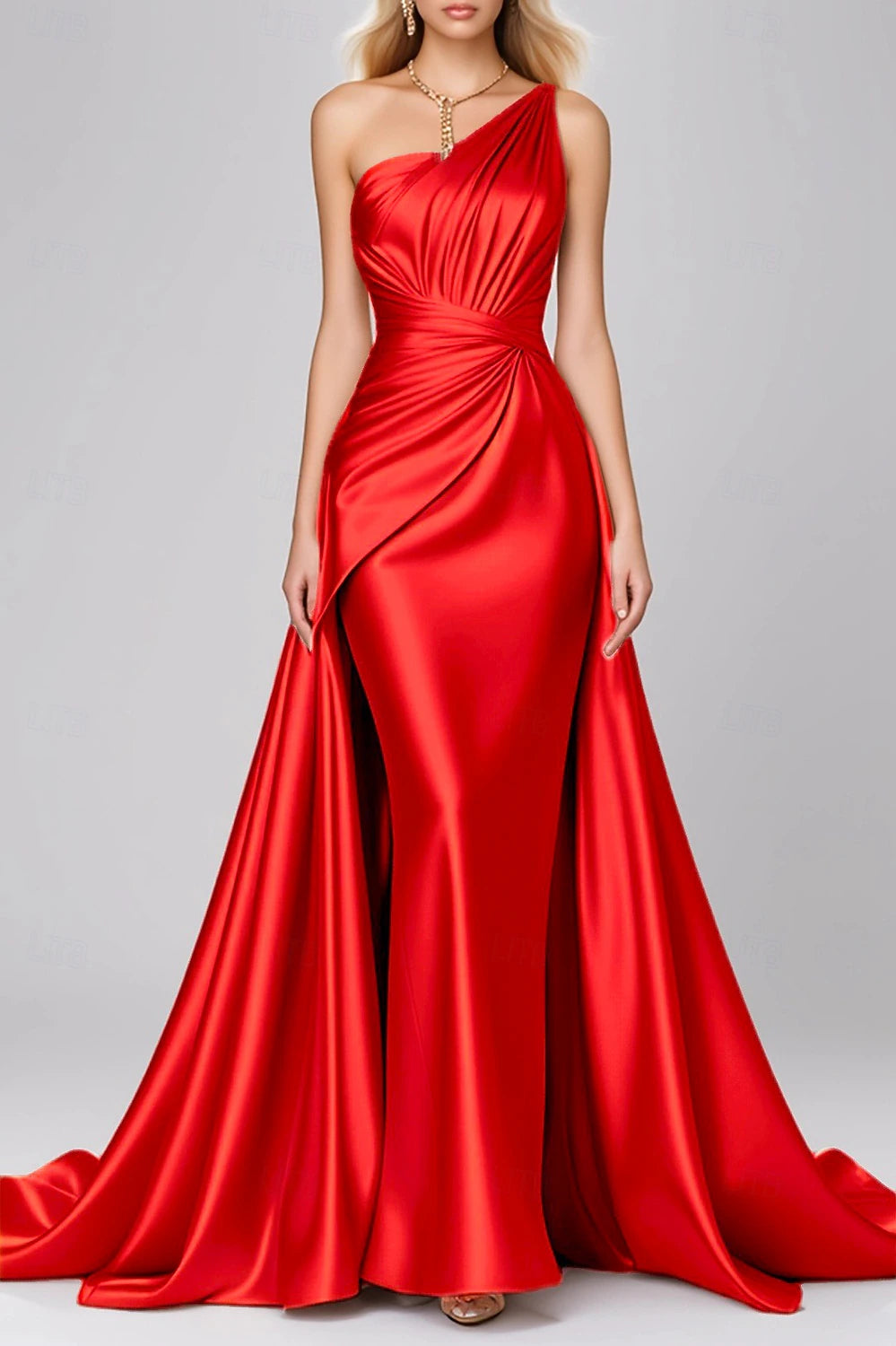 Vestido de noche de gala maxi de satén con cola, drapeado fruncido asimétrico de un hombro tipo sirena