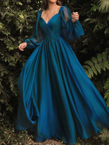 A-Line/Princess V-Neck Long Sleeves Floor-length Evening Dresses Maxi Gown