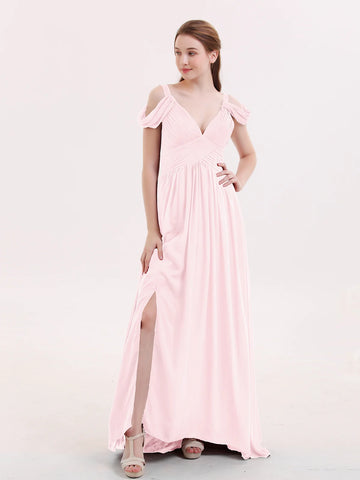Romantic A-Line V-Neck Cold Shoulder Chiffon Bridesmaid Dress with Slit