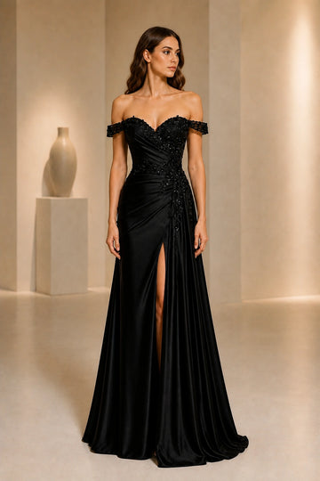 Vedress black satin prom dress,off shoulder short sleeve,beaded appliques,ruched waist,high slit long formal gown
