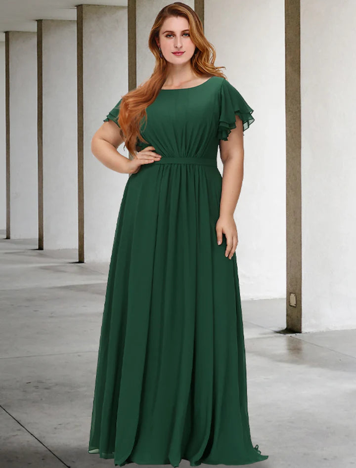 Vestido maxi de dama de honor de chifón con cuello en V, manga con volantes y fruncido, talla grande