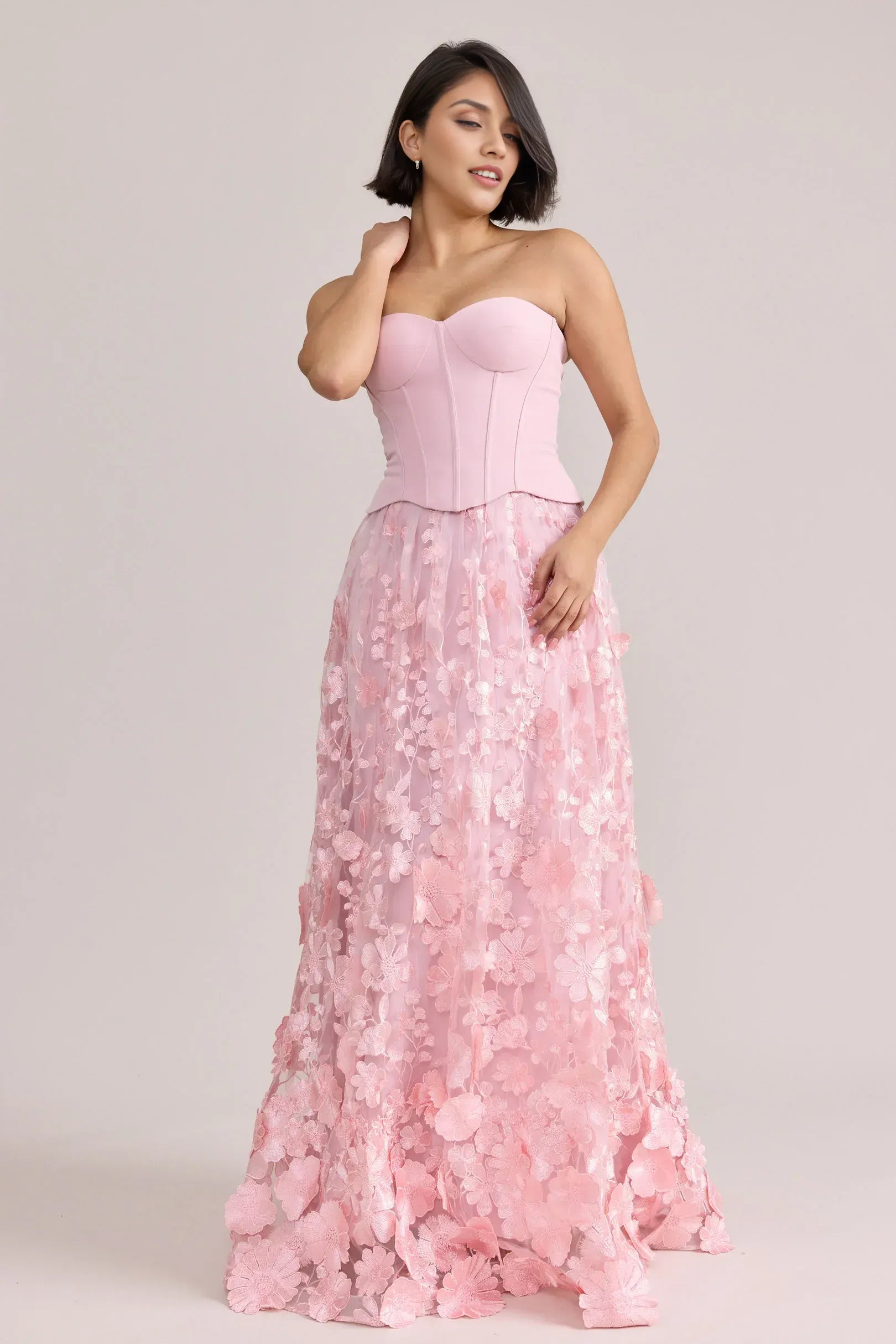 Elegant A-Line Strapless Sweetheart Satin Corset 3D Floral Tulle Long Prom Gown